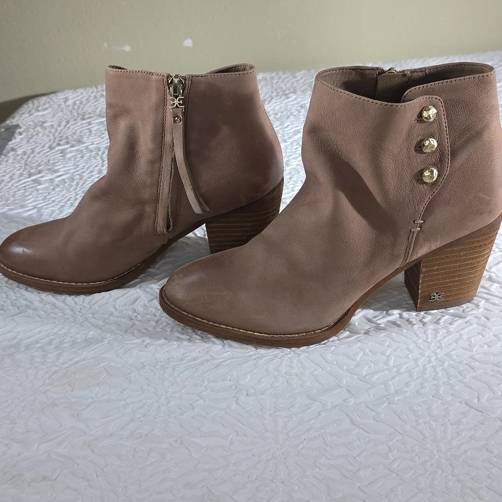 Sam‎ Edelman Mariella Leather Ankle Booties Tan Button Block Heel 7.5
